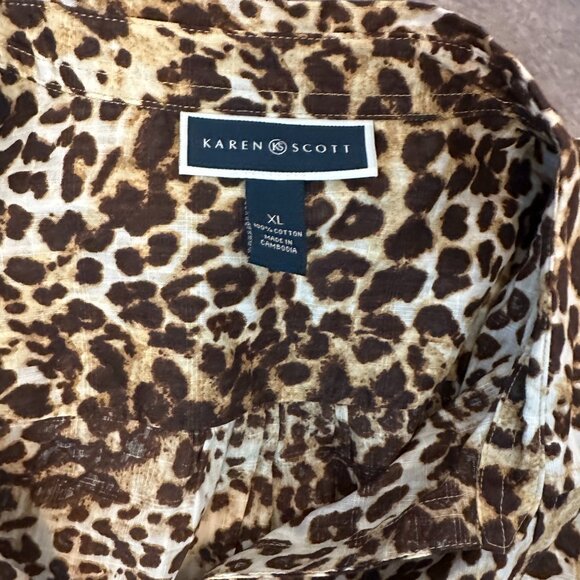 Karen Scott Leopard Print Longsleeve Button-Down Top XL Cotton - Picture 2 of 3